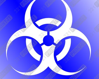 May include: A white biohazard symbol on a blue background.