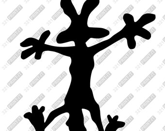 May include: A black silhouette of a coyote, a cartoon character, with its arms and legs outstretched, as if it is jumping or dancing.
