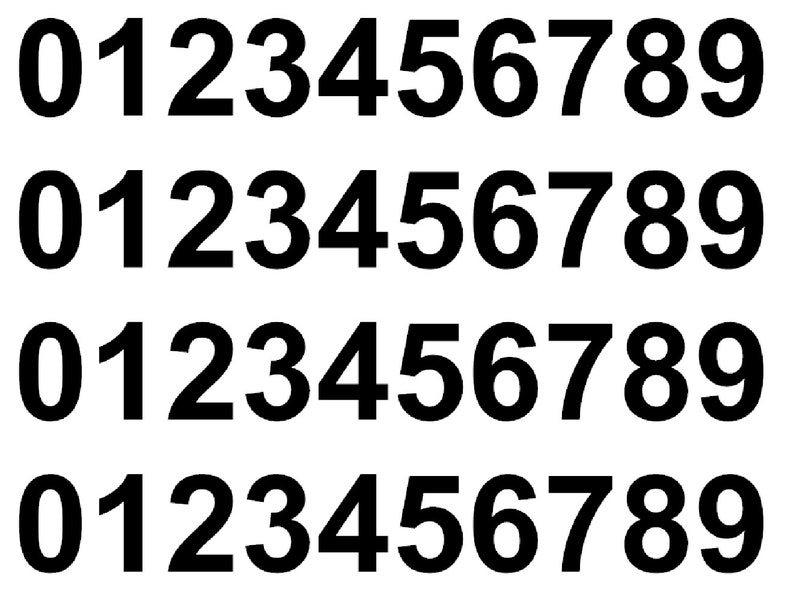 May include: A black and white image showing the numbers 0 through 9 repeated four times in a row.