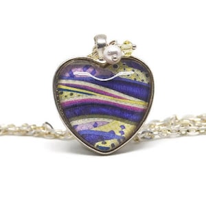 Purple Glass Heart Pendant Necklace with Pearl and Crystal