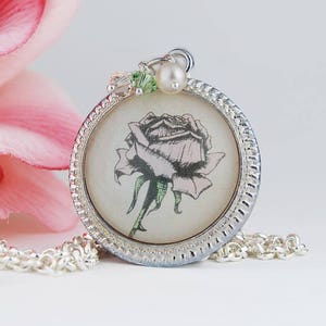 Pink Rose Pendant Necklace  | Traditional Flower Drawing | Victorian Style Rose