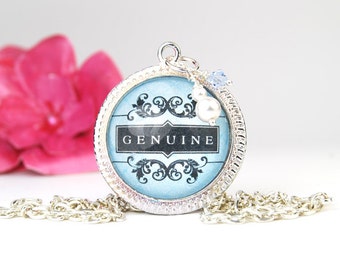 Victorian Art Nouveau Blue Word Pendant Necklace