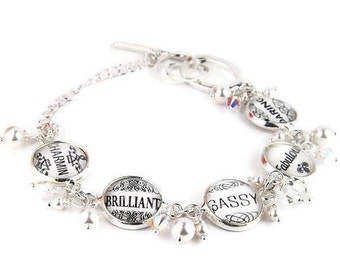 Black and White Inspirational Word Charm Bracelet with Pearls and Crystals