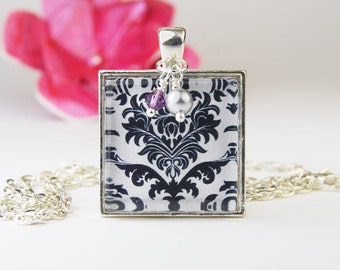 Black and White Damask Square Pendant Necklace with Pearl and Crystal