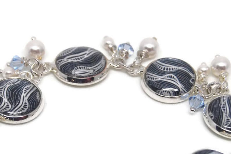 Gray and White Art Bracelet with Pearls and Crystals