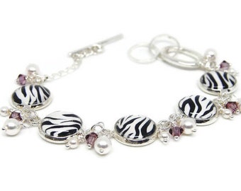 Black and White Zebra Bracelet with Pearls and Crystals