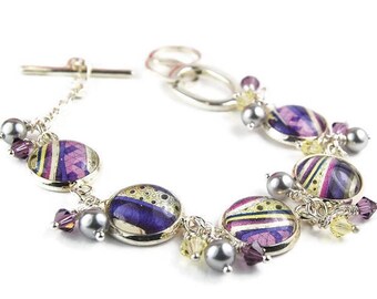 Purple and Yellow Bracelet | Abstract Art Bracelet with Pearls and Crystals