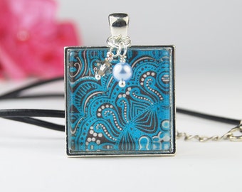 Blue Tribal Batik Square Pendant Necklace with Pearl and Crystal