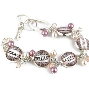 Pink Inspirational Word Charm Bracelet with Pearls and Crystals