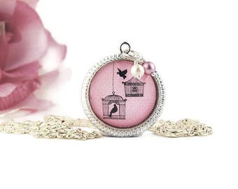 Pink Twin Birdcage and Songbird Pendant Necklace