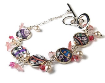 Purple and Coral Graphic Art Bracelet with Pearls, Crystals and Coral Glass Beads