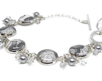 Grey Rose Bracelet with Swarovski Pearls and Crystals