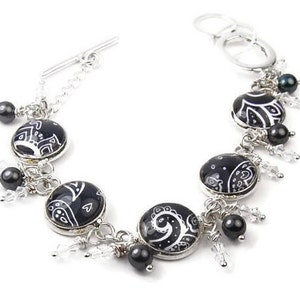 Black and White Paisley Bracelet with Pearls and Crystals image 1