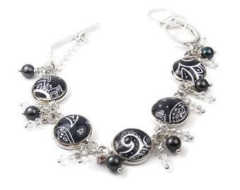 Black and White Paisley Bracelet with Pearls and Crystals