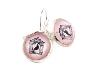 Pink Birdcage Round Earrings | Fly Away Little Bird | Victorian Birdcage | Leaving Home | Graduation