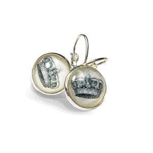 Crown earrings for pierced ears. Victorian style pen and ink drawing set under round glass tile mounted on plated silver setting with lever back