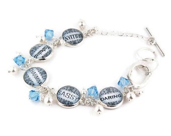 Blue Inspirational Word Charm Bracelet with Pearls and Crystals