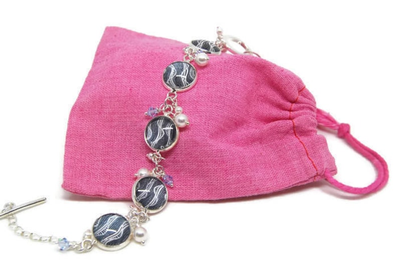 Gray and White Art Bracelet with Pearls and Crystals