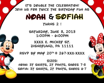May include: A red and white polka dot background with a black border. The text "IT'S DOUBLE THE CELEBRATION! JOIN US FOR TWICE THE BIRTHDAY FUN AS NOAH & SOFIAH TURNS 2!" is in black text. Below the text is a black and white image of Mickey Mouse and Minnie Mouse. The text "SATURDAY, JUNE 8, 2013 1:00PM - 6:00PM XXXX E. MICKEY ST. DISNEYLAND, PA 11111 RSVP BY MAY 20TH @ 267-XXX-XXXX SIZES: NOAH: 3T SHIRTS, 2T PANTS, SHOES 7-8 SOFIA: 3T SHIRTS, 2T PANTS, SHOES 6-7" is in black text.