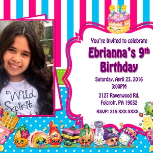 May include: A pink and blue birthday invitation with a photo of a girl in a white shirt with the words "Wild Spirit" on it. The invitation is for Ebrianna's 9th birthday and includes the date, time, address, and RSVP information. The invitation features a Shopkins character theme with a variety of Shopkins characters on the bottom of the invitation.