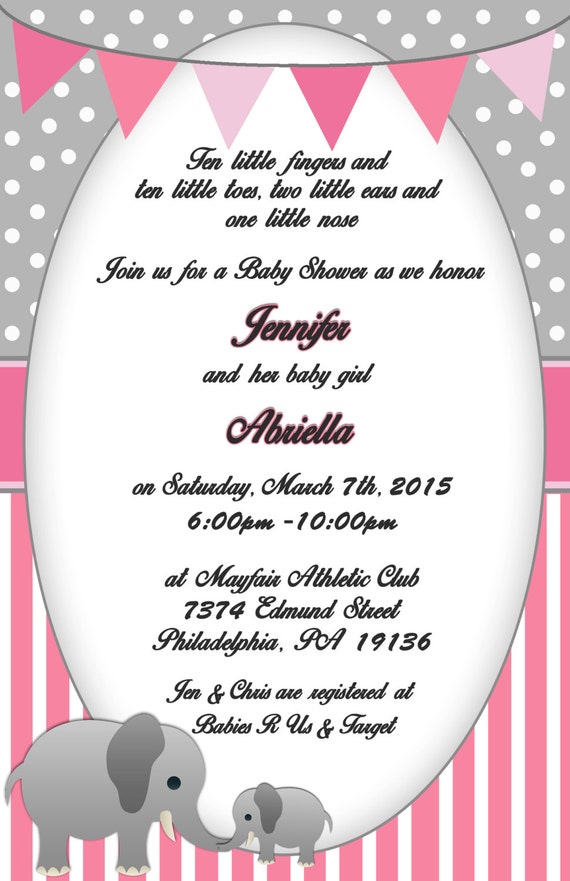 Pink And Gray Elephant Baby Shower Invitations