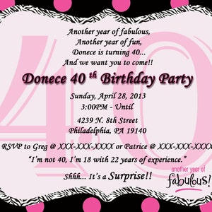 Forty & Fabulous Pink and Black Birthday Invitation, Digital or Printed