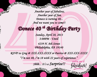 Forty & Fabulous Pink and Black Birthday Invitation, Digital or Printed