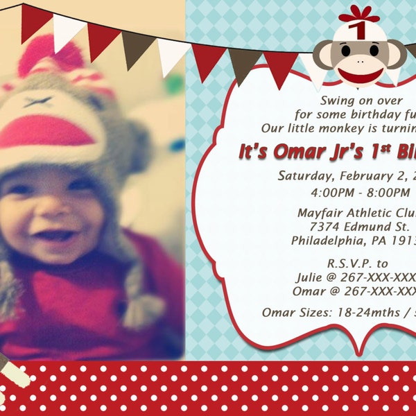 Sock Monkey 1st Birthday Invitation, Digital or Printed