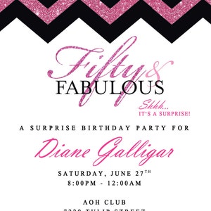 Fifty & Fabulous Pink Glitter Birthday Invitation, Digital or Printed