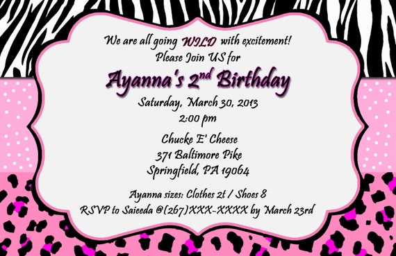 Pink And Black Zebra Cheetah Print Birthday Invitation Etsy - pink zebra jumper roblox