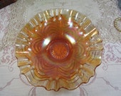 Carnival Glass Bowl, Fenton quot Peacock Tail quot in Marigold Iridescent Orange, Crimped Rim, Vintage Fenton Carnival Glass