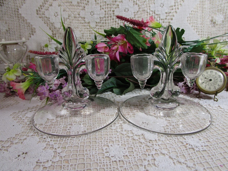 New Martinsville Glass Pair of Vintage Double Light Candle Holders Janice # 4536 in Clear Pristine Condition Holds 2 Tapper Candles
