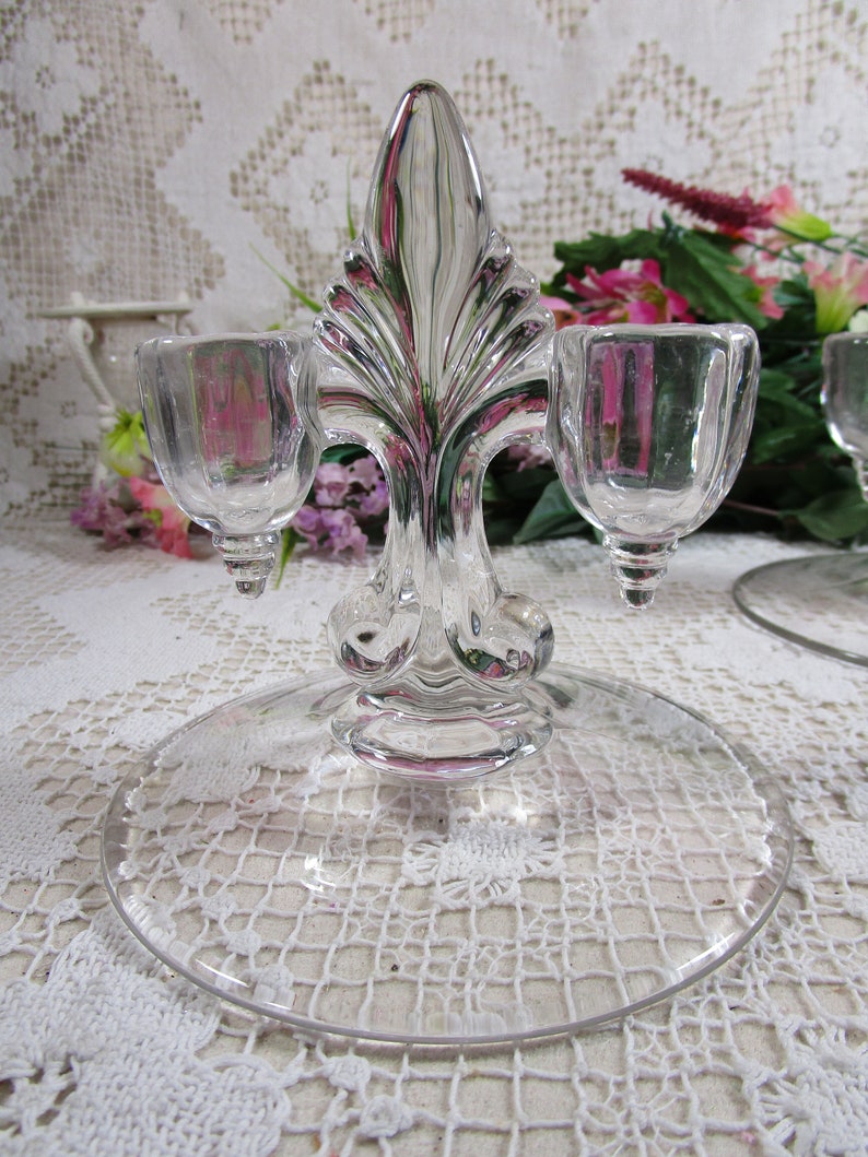 New Martinsville Glass Pair of Vintage Double Light Candle Holders Janice # 4536 in Clear Pristine Condition Holds 2 Tapper Candles