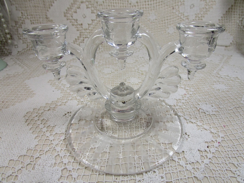 373 Crystal Clear 5 Candelabra Pressed Pattern Glass Wheel Etched Base 3 Light Candleholder Moondrops No New Martinsville Glass Co.