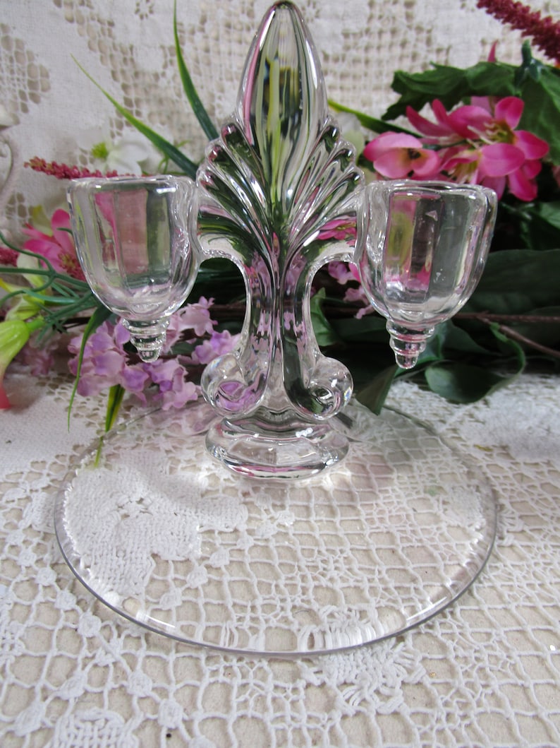 New Martinsville Glass Pair of Vintage Double Light Candle Holders Janice # 4536 in Clear Pristine Condition Holds 2 Tapper Candles