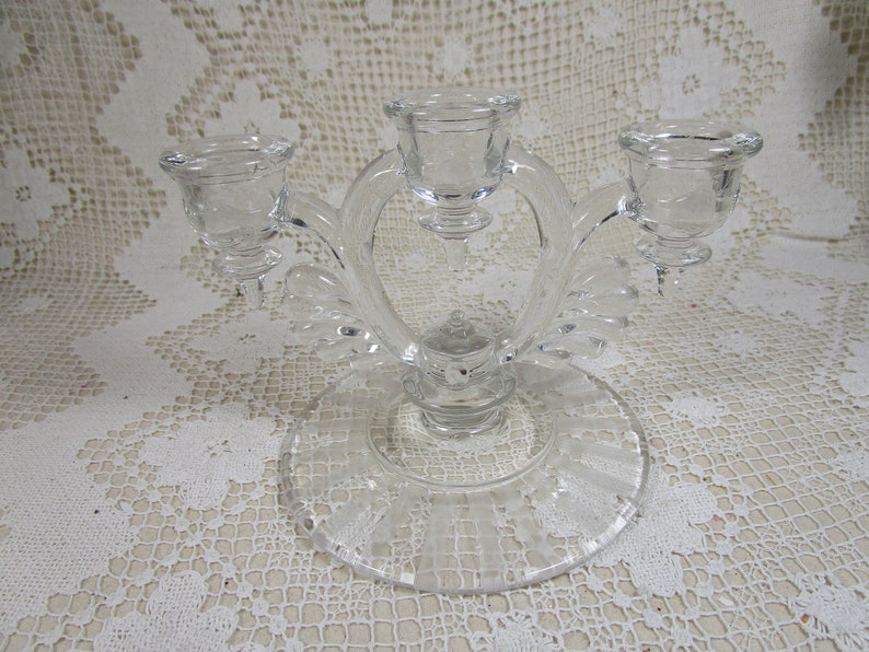373 Crystal Clear 5 Candelabra Pressed Pattern Glass Wheel Etched Base 3 Light Candleholder Moondrops No New Martinsville Glass Co.