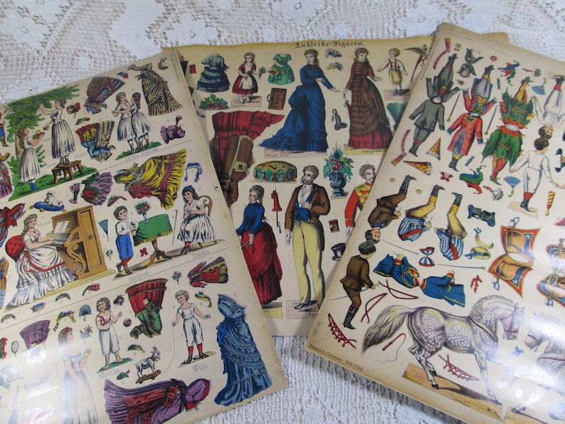 Set of 3 Vintage 1970/'s Reproductions of 1800/'s German Color Paper Doll /& Costumes Sheet Published by Schreiber