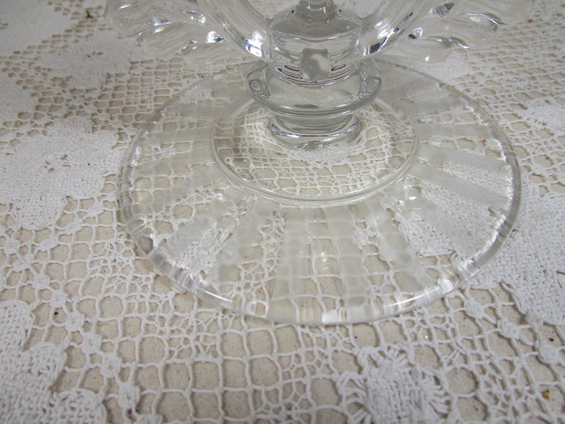 373 Crystal Clear 5 Candelabra Pressed Pattern Glass Wheel Etched Base 3 Light Candleholder Moondrops No New Martinsville Glass Co.