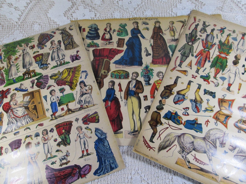 Set of 3 Vintage 1970/'s Reproductions of 1800/'s German Color Paper Doll /& Costumes Sheet Published by Schreiber