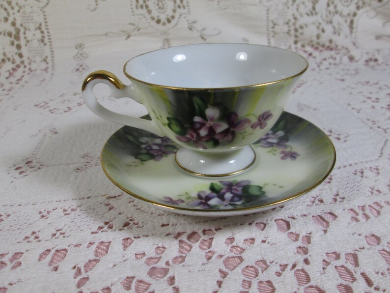 MINI PORCELAIN FOOTED GOLD TAN /& BLUE SWIRL VINTAGE TEACUP AND SAUCER SET