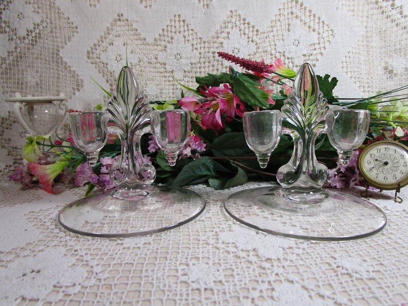 New Martinsville Glass Pair of Vintage Double Light Candle Holders Janice # 4536 in Clear Pristine Condition Holds 2 Tapper Candles