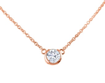 14k Rose Gold Moissanite Necklace - Solitaire Pendant for Layering - 15, 16, or 18 Inch