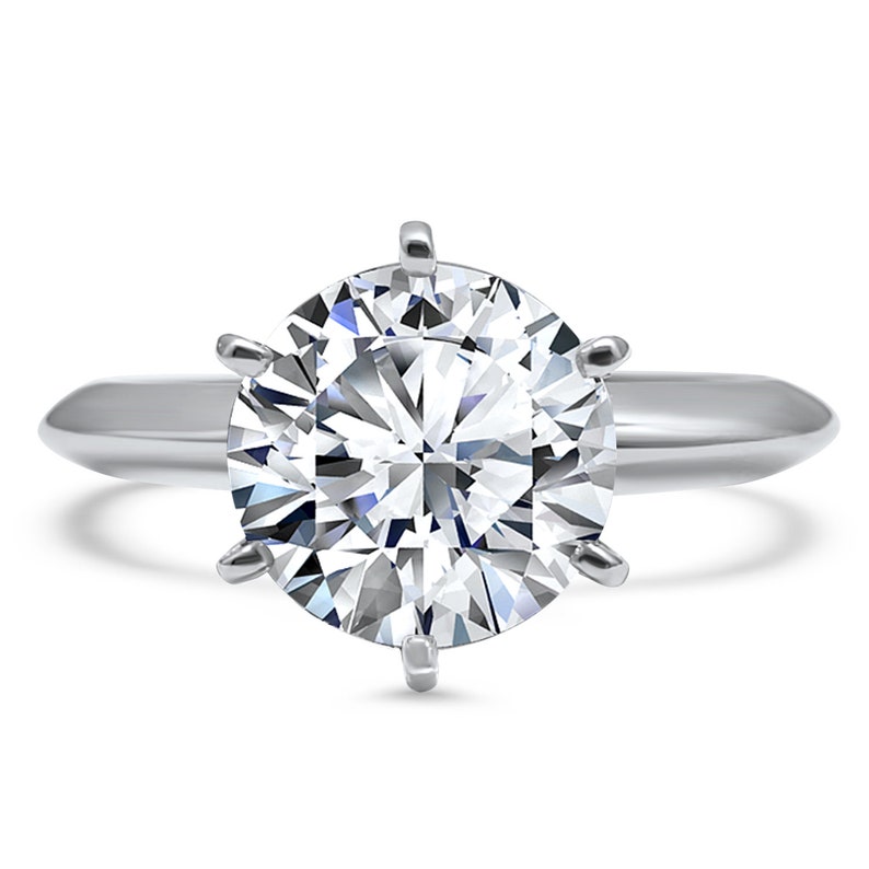 Cubic Zirconia Engagement Ring 2 Carat Round CZ 14K Solid White Gold Solitaire with 6 Prong Setting image 1