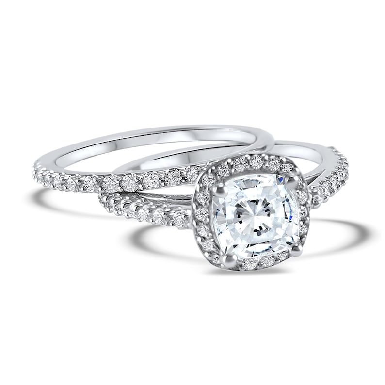 Cushion Halo Wedding Set Diamond and Forever ONE Moissanite Etsy