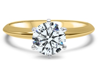 Genuine Lab Grown Diamond Solitaire Engagement Ring - 14k Solid Yellow Gold 6-Prong Ring with 1/2, 3/4, or 1 Carat Round Diamond for Wedding