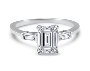 1ct Emerald Cut Moissanite Ring - Art Deco Style with Baguettes - 14K Gold (White, Rose, Yellow) - Delicate Design