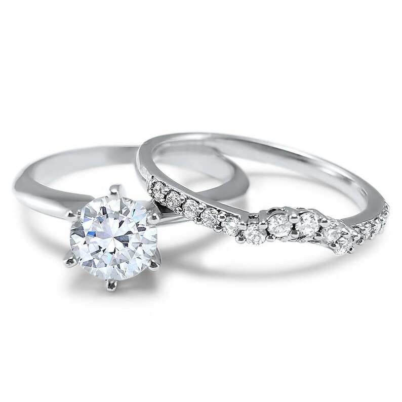 14k White Gold Curved Cubic Zirconia Wedding Ring Cz Shadow Etsy