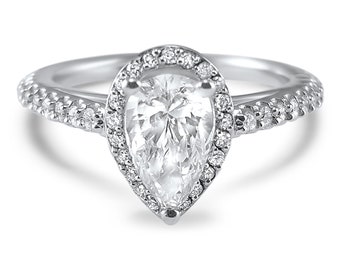 Pave Halo Engagement Ring with Pear-Shaped Moissanite in 14K White Gold - Teardrop or Pear Engagement Ring