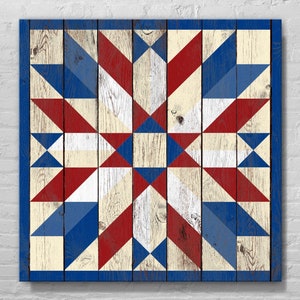 Sunflower Star Red White & Blue Barn Quilt With Wood Effect, Large, Medium, Small, Vinyl, Aluminum, Outdoor, Indoor, Many Patterns, Colors