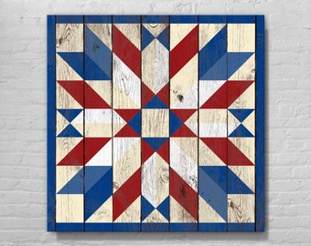 Sunflower Star Red White & Blue Barn Quilt With Wood Effect, Large, Medium, Small, Vinyl, Aluminum, Outdoor, Indoor, Many Patterns, Colors